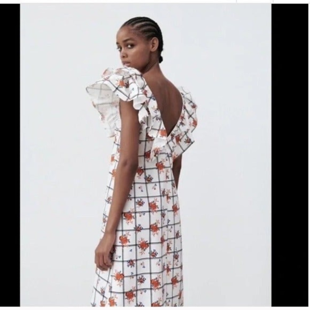 NWT Zara Ruffle Shoulder Lattice Floral Print Dress